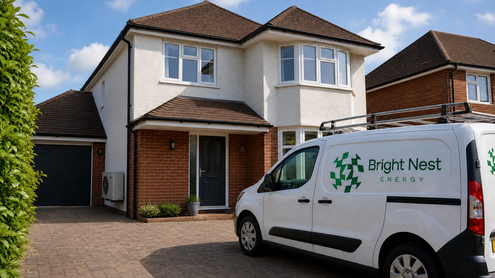 Bright Nest Energy van outside a home with an installed air source heat pump